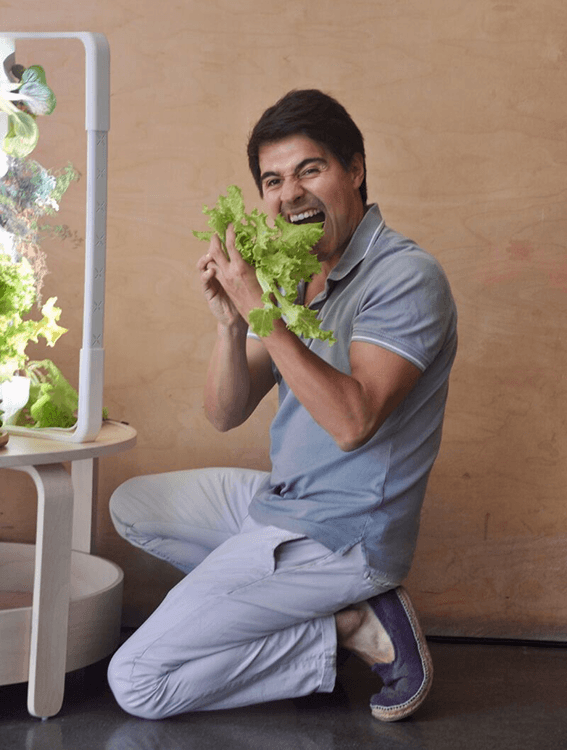 Emiliano Gutiérrez taking a bite of freshly harvested lettuce beside an Ortus garden