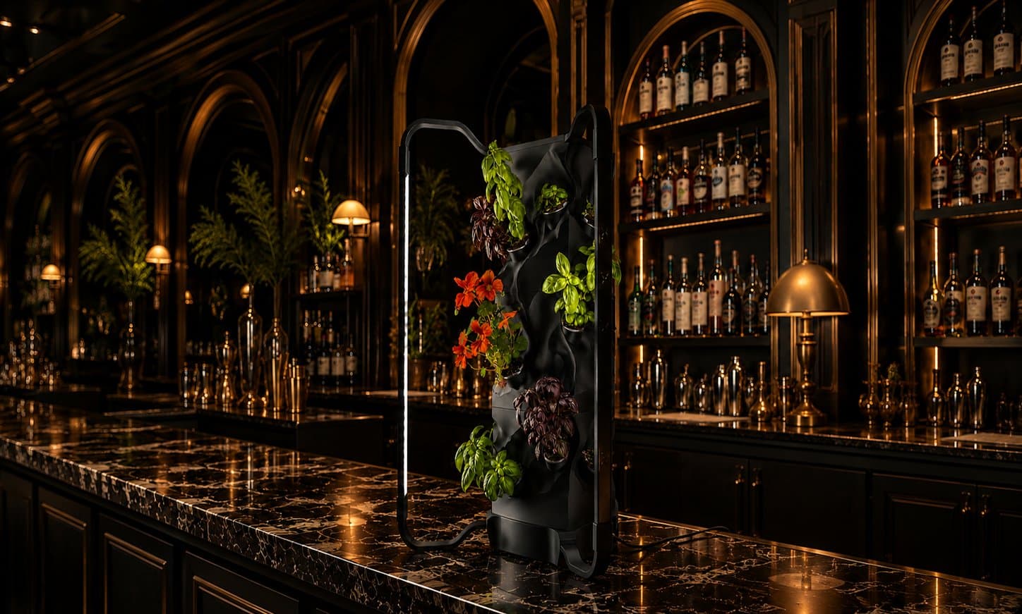 Raiz indoor farm displayed in an elegant hotel bar