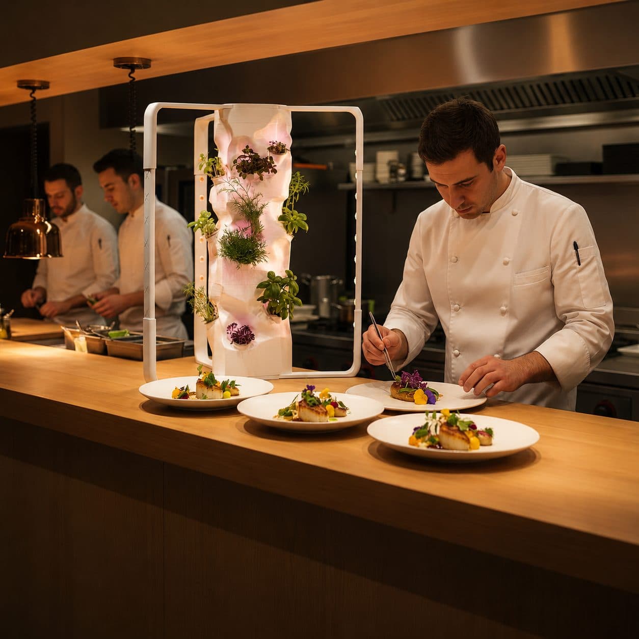 Chef plating dishes beside Ortus at the kitchen pass